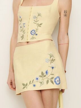 Reformation Juliet Yellow Linen Embroidered Floral Skirt Set